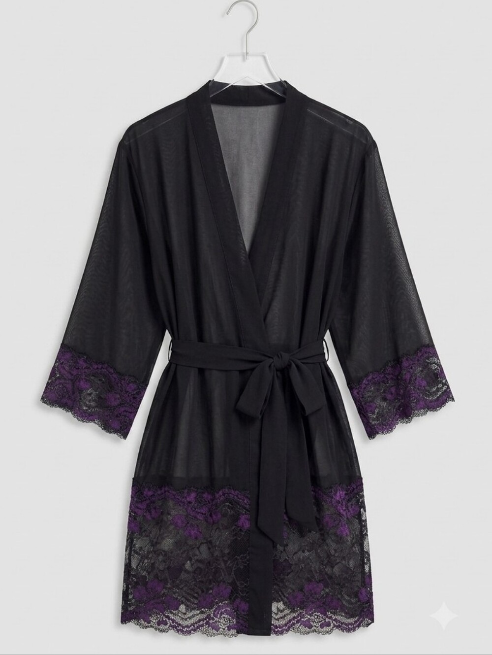 Black Sheer Lace Robe with Purple Trim